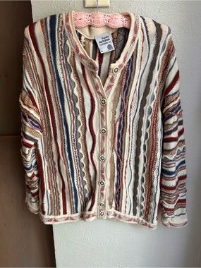 Purely Australian Colorful Textured 3D Wool Coogi-Style Sweater Cardigan Medium
